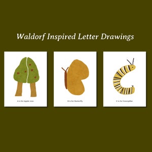 Puede incluir: Tres tarjetas imprimibles con ilustraciones de un manzano, una mariposa y una oruga. Las tarjetas forman parte de un conjunto de aprendizaje del alfabeto inspirado en Waldorf. El texto en las tarjetas dice: "A es para Manzano." "B es para Mariposa." "C es para Oruga."