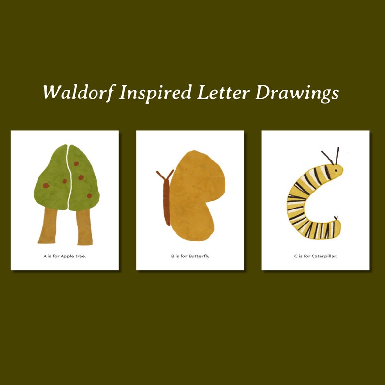 Puede incluir: Tres tarjetas imprimibles con ilustraciones de un manzano, una mariposa y una oruga. Las tarjetas forman parte de un conjunto de aprendizaje del alfabeto inspirado en Waldorf. El texto en las tarjetas dice: "A es para Manzano." "B es para Mariposa." "C es para Oruga."