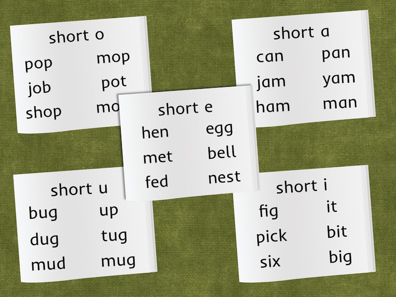 May include: White cards with black text showing short vowel sounds and words with those sounds. The words are "short o", "pop", "mop", "job", "pot", "shop", "mo", "short a", "can", "pan", "jam", "yam", "ham", "man", "short e", "hen", "egg", "met", "bell", "fed", "nest", "short u", "bug", "up", "dug", "tug", "mud", "mug", "short i", "fig", "it", "pick", "bit", "six", "big".
