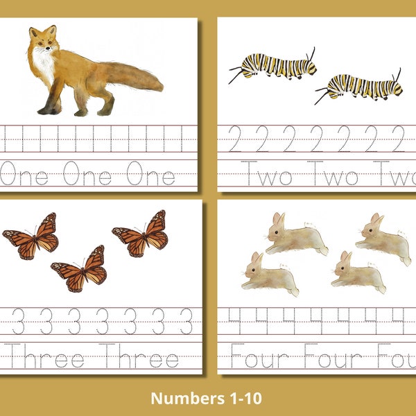 Number Tracing Worksheets - Nature Preschool Curriculum - Printable - Watercolor Nature Illustrations