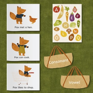 May include: Three illustrated cards with a fox character. The first card shows the fox meeting a hen. The second card shows the fox cooking. The third card shows the fox shopping. A chart with letters A through Q is shown with a fruit or vegetable next to each letter. Two bags are shown, one labeled "Consonant" and the other labeled "Vowel".