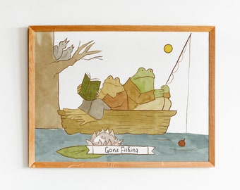 Cartel digital de pesca de ranas y sapos - Decoración del aula - Descarga digital de arte de pared de personajes de libro