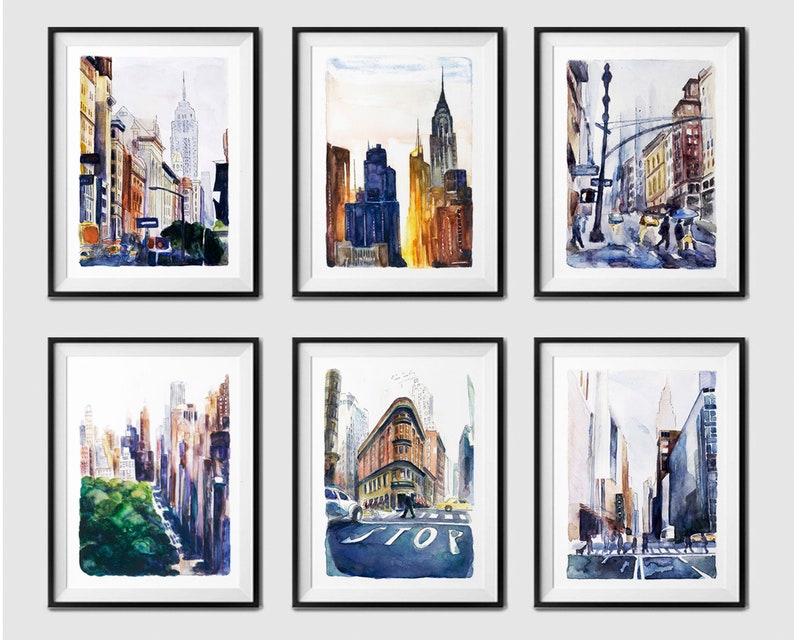 Set of 6 City painting / New York big size / New York Skyline Etsy