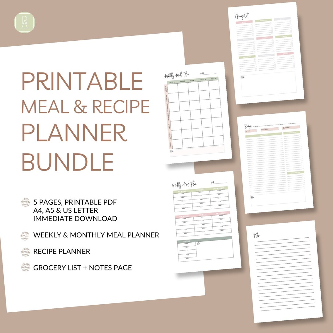 Digital Printable Meal & Recipe Planner Bundle Weekly and Monthly Meal