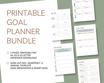 May include: A printable goal planner bundle with a white background and a green accent. The text "PRINTABLE GOAL PLANNER BUNDLE" is displayed in brown. Includes goal breakdown and smart goal templates.