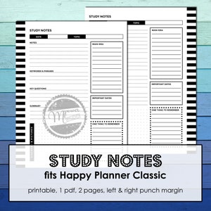 Encartes de notas de estudo do Happy Planner Classic (download digital)