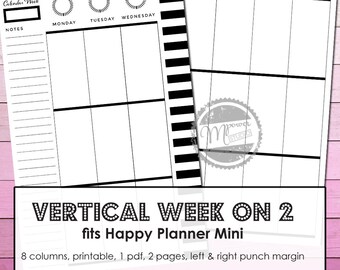 Create 365. Mini Happy Planner printable undated weekly agenda. Vertical undated Week on two Pages, WO2P. Weekly vertical calendar. Monday