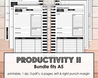 A5 Filofax | A5 Hobonichi Printable Pages inserts set | pack. Productivity Tracker with Meeting Notes, Study Notes and Outline & Script Plan