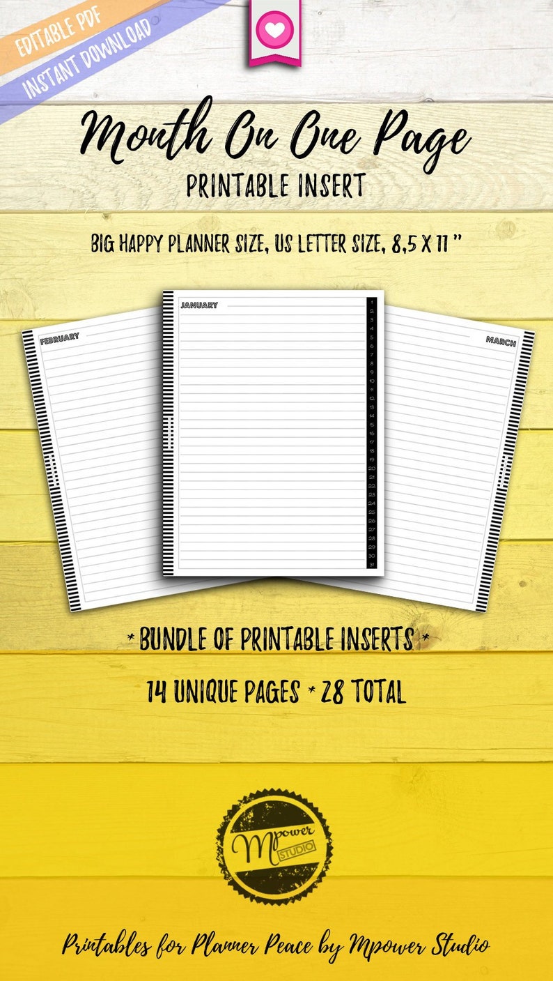 28 Pages Mambi Big Happy Planner Refills Monthly Agenda DIY Printable Insert Undated Planner