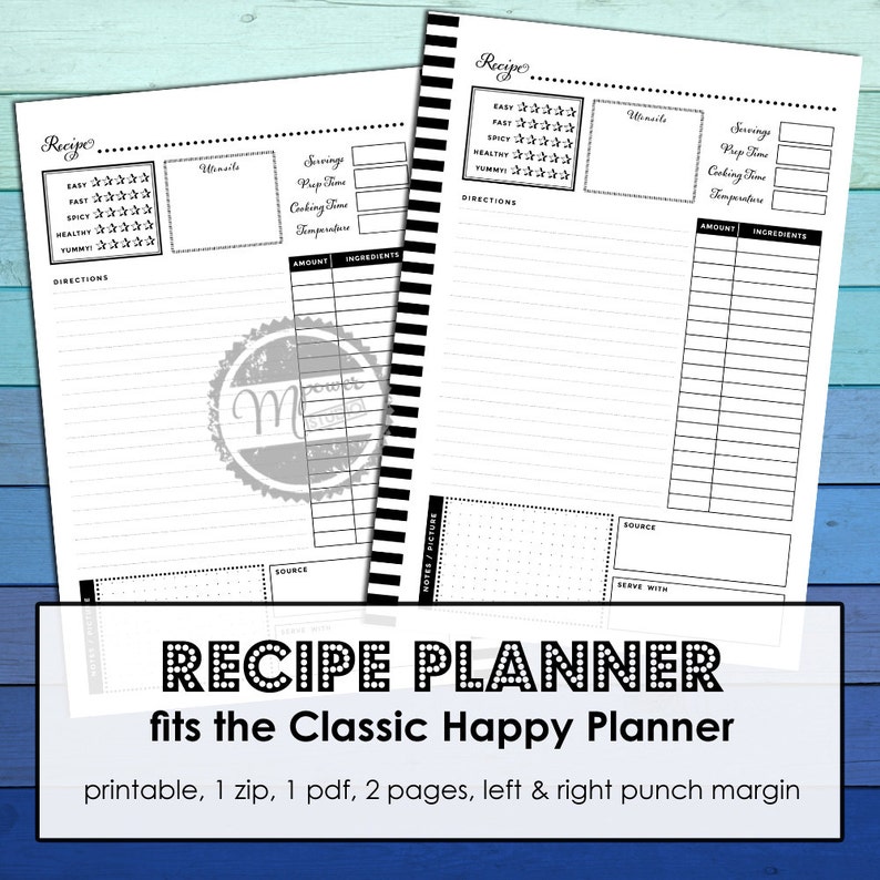 Printable Recipe Planner for Classic Happy Planner, Disc Bound Planner