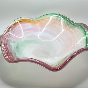 BEAUTIFUL Vintage Italian Murano Art Glass Swirl Bowl - Pink, Orange, Green