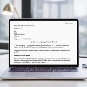 May include: A laptop displaying a "Speech and Language Therapy Report" document. The report is labeled "Private and Confidential" and includes sections for patient information and contextual details. A desk lamp and plant are visible.