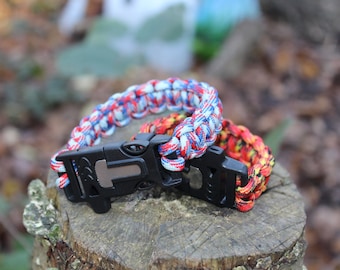 Paracord Survival Bracelet - Cobra Weave - Fishtail Weave - Flint & Steel - Whistle - Buckle - Multiple Colours Available