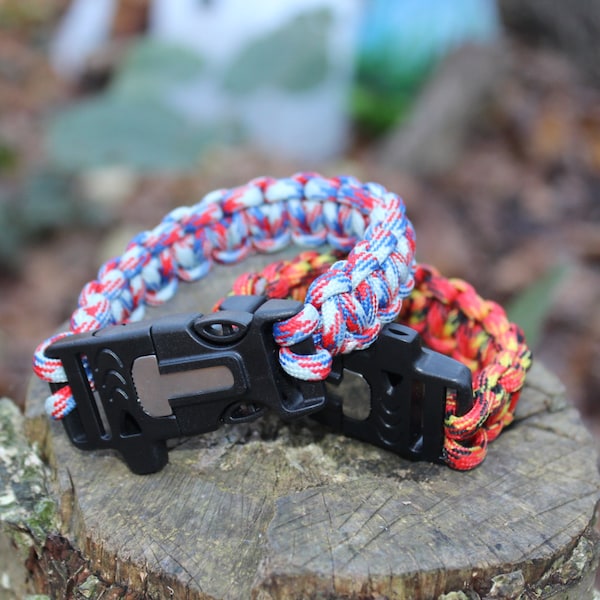 Paracord Survival Bracelet - Cobra Weave - Fishtail Weave - Flint & Steel - Whistle - Buckle - Multiple Colours Available