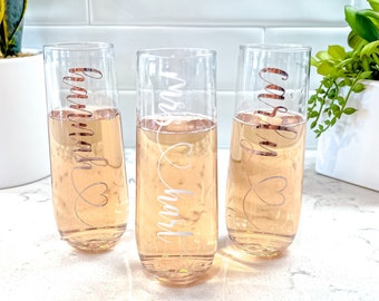 Personalized Stemless Champagne Flute | BPA Free Plastic or Glass | Bridesmaid Gift | Mother's Day | Bridal Shower | Bachelorette Party Cups