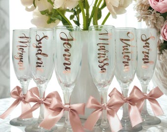 Personalized Champagne Flute: Custom Calligraphy, Satin Bow - Wedding Toasting Glass