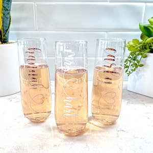 Personalized Stemless Champagne Flute: Bridal Party Gift (Plastic or Glass)