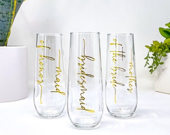 Bridesmaid Gift Personalized Stemless Champagne Flute | BPA Free Plastic or Glass | Mother's Day | Bridal Shower | Bachelorette Party Cups