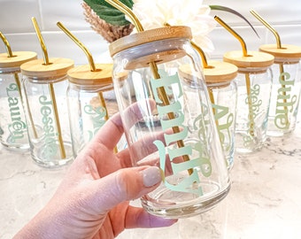 Personalized Iced Coffee Glass Cup: Custom Font, Bridesmaid Proposal Gift