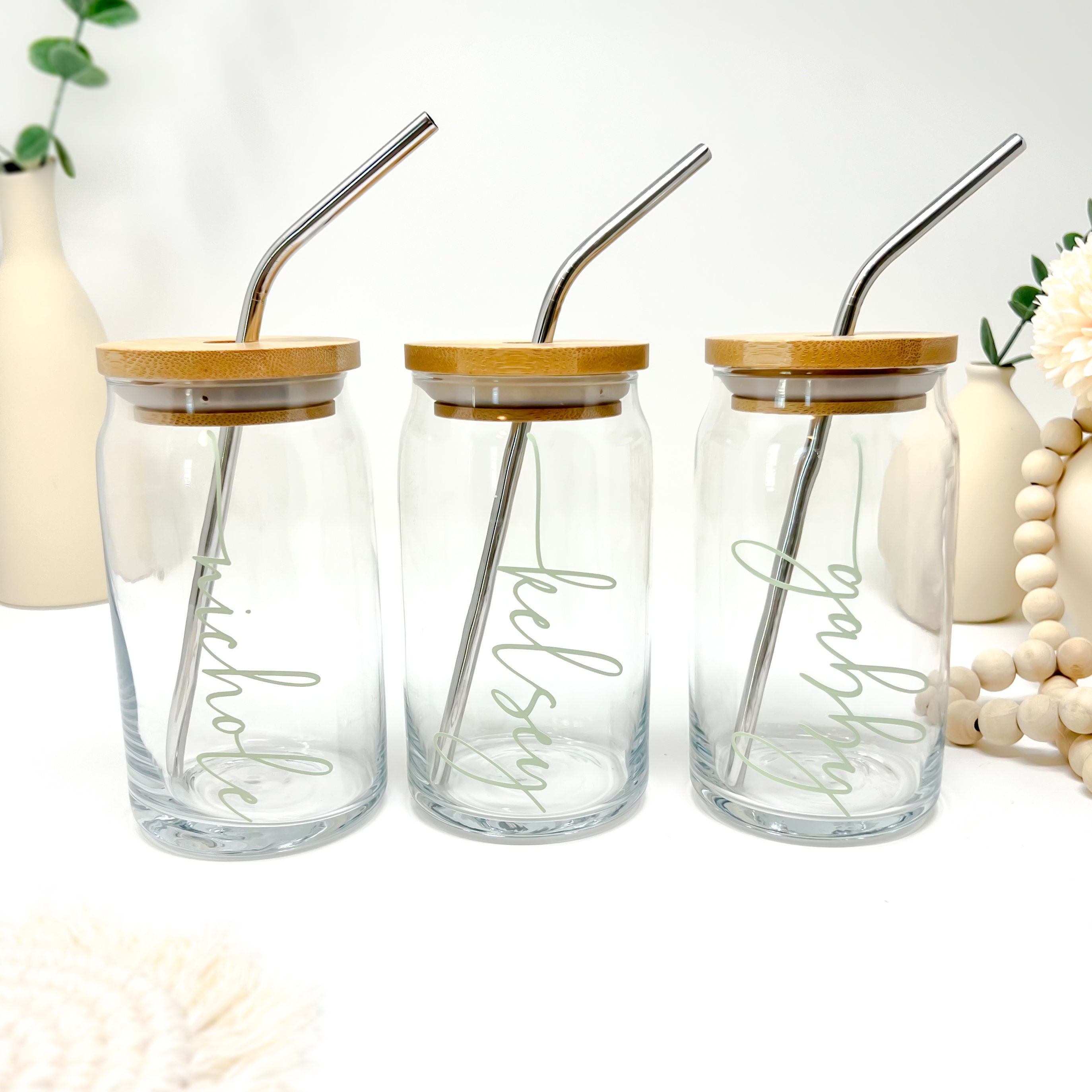Glass Cups with Bamboo Lids and Straws 15/16OZ - Bamco
