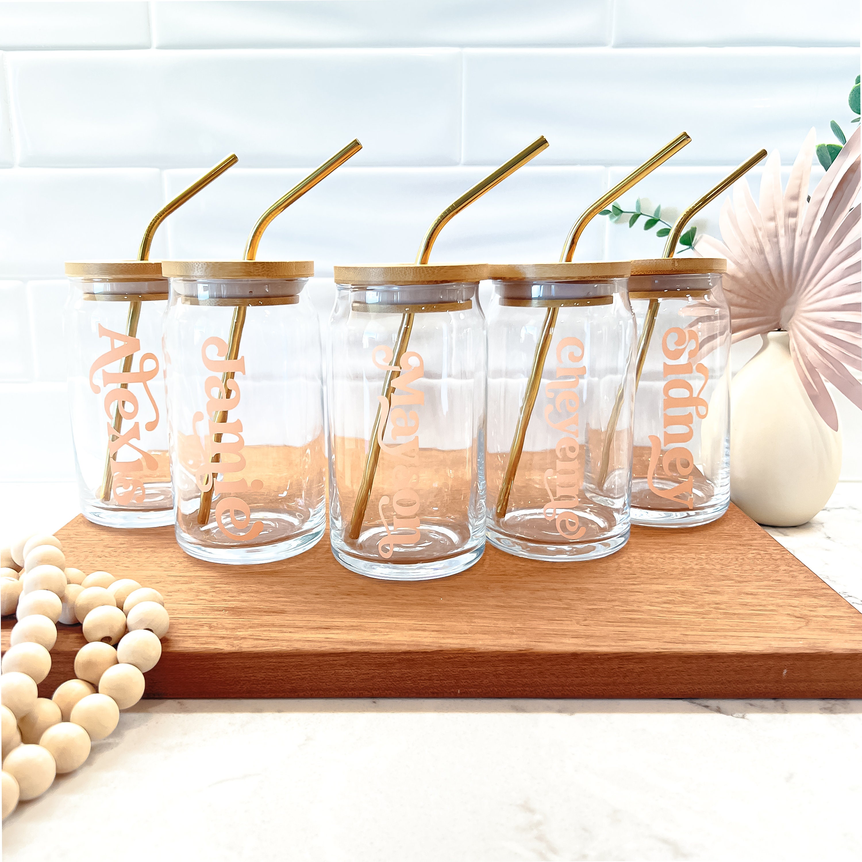 Personalized Glass Cup With Bamboo Lid & Straw  16 Oz Beer Can Custom  Mason Jar Iced Coffee Mug Bridesmaid Gift Tumbler - Yahoo Shopping