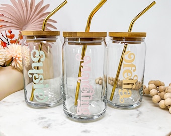 Personalized Beer Can Glass with Bamboo Lid and Straw, 16 oz Iced Coffee Cup