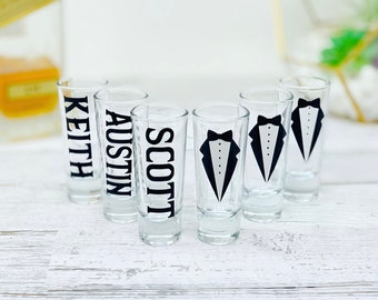 Personalized Groomsman Shot Glass: Tuxedo Tequila Shooter, Wedding Favor