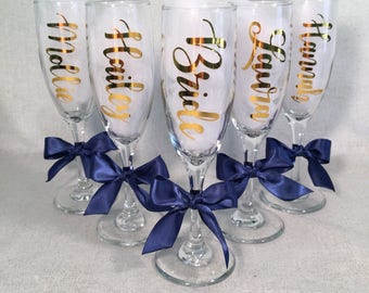 Personalized Champagne Flutes | Metallic | Calligraphy | Custom | Birthday | Bachelorette Party | Girls Night | Gifts | Drinking Favors