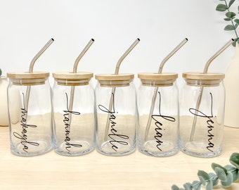 Personalized Glass Cup with Bamboo Lid & Straw: Custom 16oz Beer Can Mug