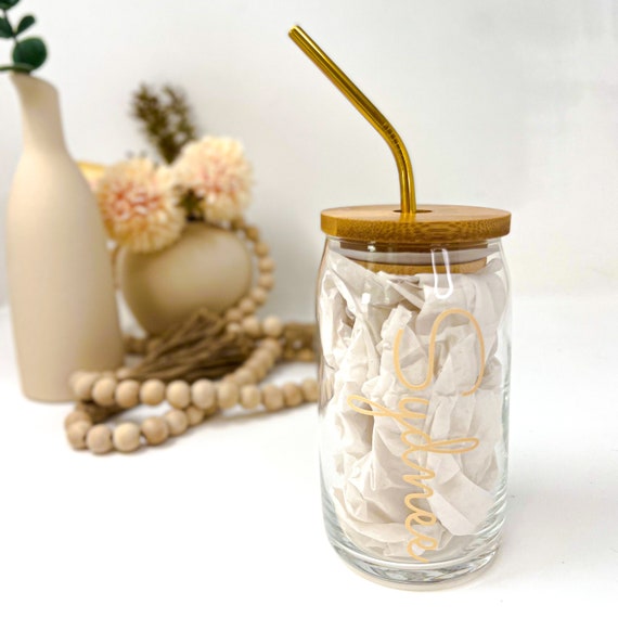 Personalized Glass Cup With Bamboo Lid & Straw 16 Oz Beer Can Glass Custom  Mason Jar Iced Coffee Mug Bridesmaid Gift Tumbler 