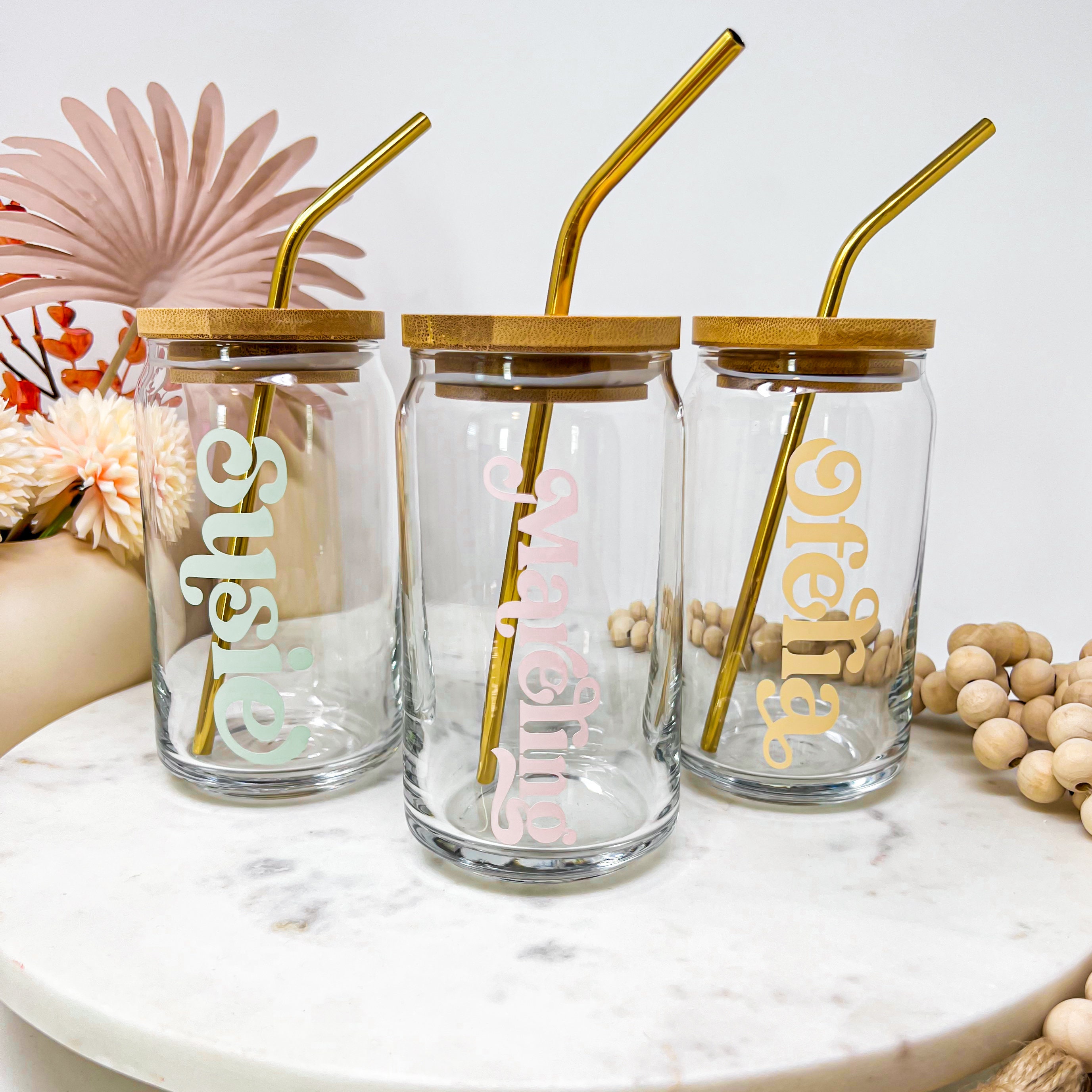 Personalized 16 oz Glass Cup with Bamboo Lid and Straw/ Vasos Personalizados