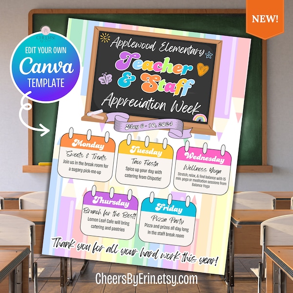 Editable Teacher and Staff Appreciation Week Flyer - Canva Template - Itinerary Flyer Colorful Retro Agenda for School Event