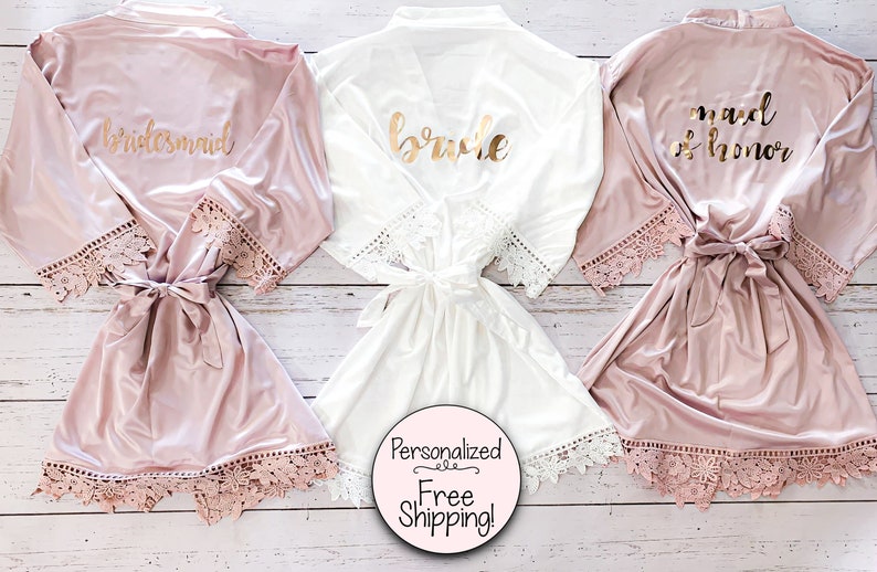 Satin Robe with Lace Sleeves & Trim | Personalized Bridesmaid Robes |  Wedding Party Kimono | Maid of Honor | Bridal Suite | Proposal Gift 