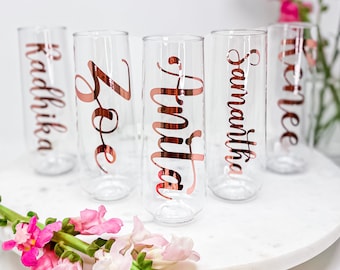 Personalized Stemless Champagne Flute | BPA Free Plastic or Glass | Bridesmaid Gift | Mother's Day | Bridal Shower | Bachelorette Party Cups