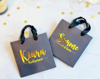 Personalized Paper Gift Bag: Custom Wedding Favor, Bridesmaid Proposal — Black, White, or Kraft Brown with choice of cont color & style
