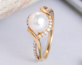 Twist Pearl Engagement Ring Yellow Gold Infinity Diamond X Enhance Art Deco Bridal Antique Half Eternity Band Vintage White Akoya Seawater