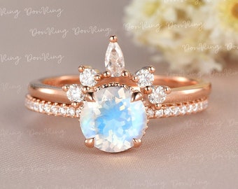 Mondstein Verlobungsring Set Rosegold Krone Antik Mondstein Halb Ewigkeit BrautSet Tiara Halb Heiligenschein Demi Luna Braut Frau Ihr Geschenk