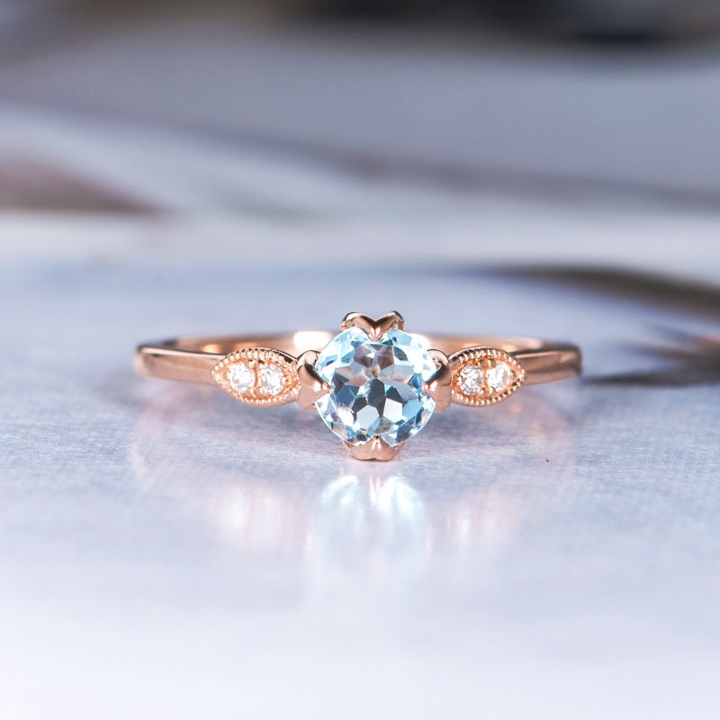 Aquamarine Engagement Ring Woman Rose Gold Wedding Ring Art | Etsy
