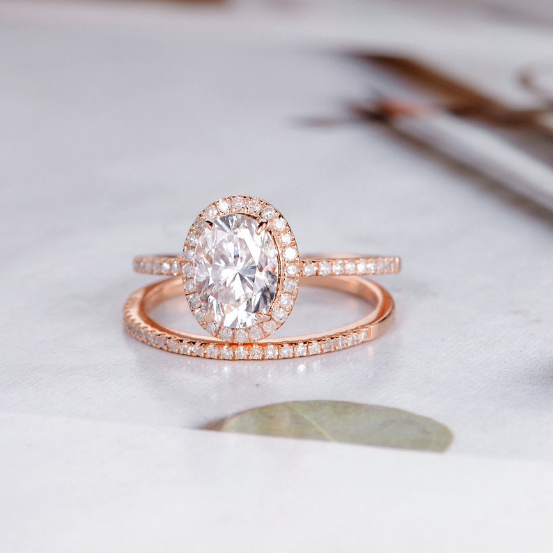 Moissanite Engagement Ring Oval Cut Rose Gold Bridal Set Half Etsy