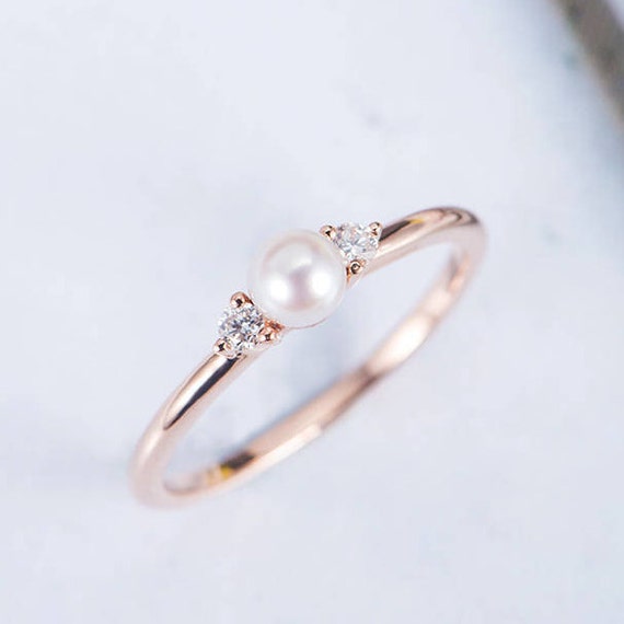 Pearl Engagement Ring Rose Gold Antique Wedding Ring Diamond | Etsy