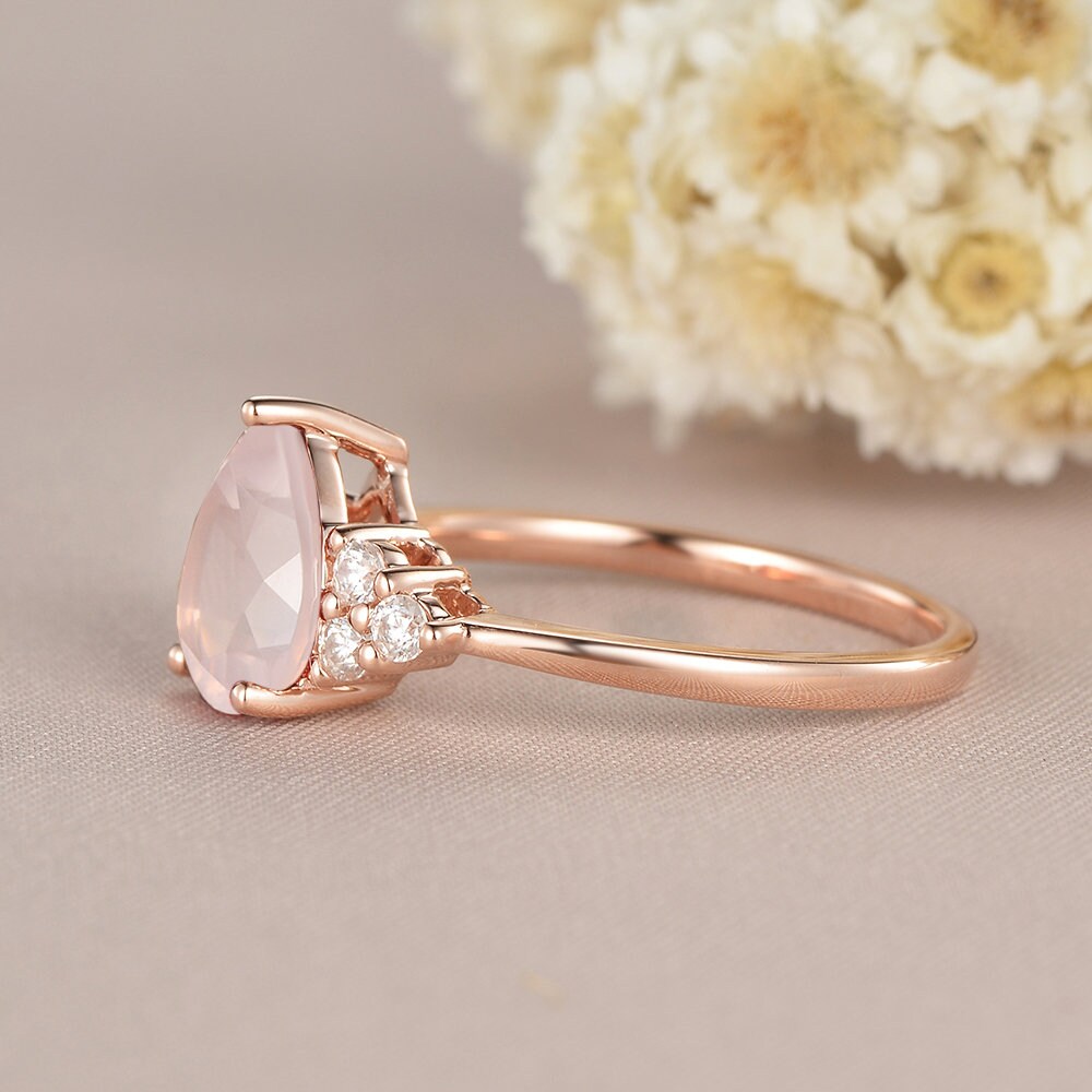 Pear Shaped Rose Quartz Engagement Ring Rose Gold Ring Cluster | Etsy