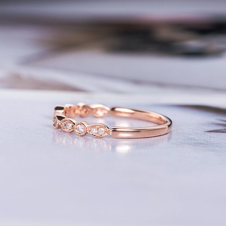 Rose Gold Diamond Wedding Band Art Deco Open Cuff Ring