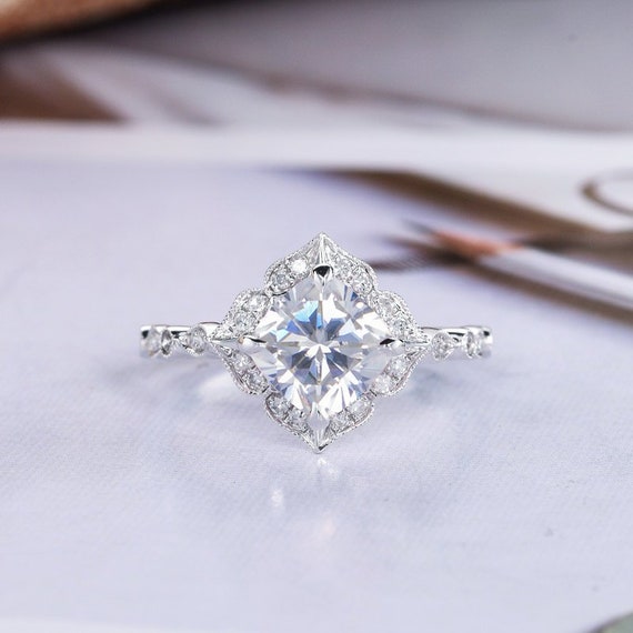 White Gold Moissanite Engagement Ring Cushion Cut Diamond Etsy