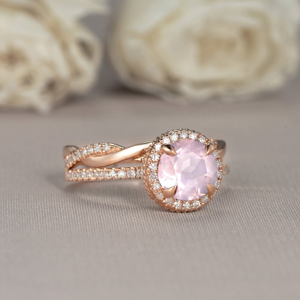 Rose Quartz Engagement Ring Halo Crystal Women Rose Gold | Etsy