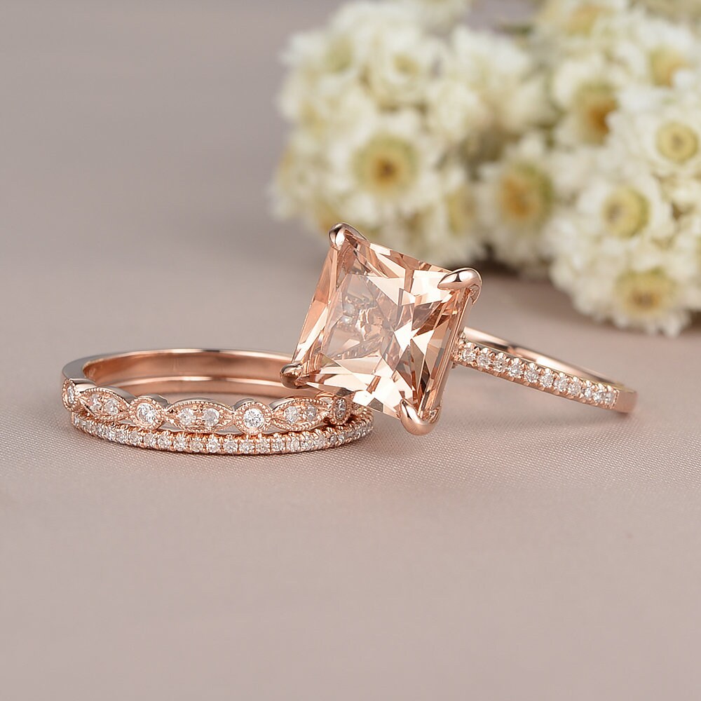 Princess Cut Morganite Engagement Ring Rose Gold Diamond | Etsy