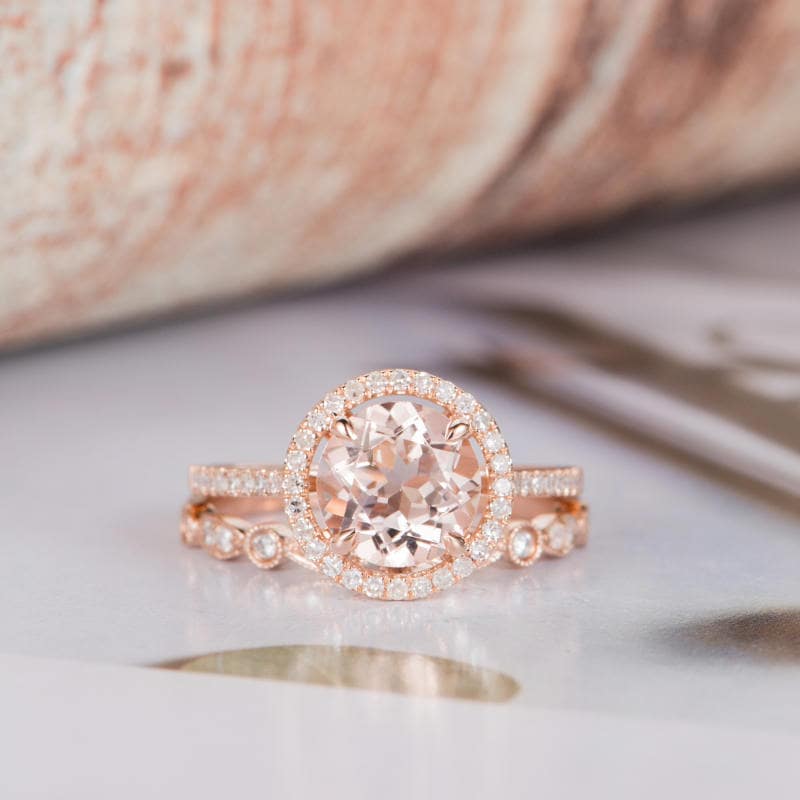 Rose Gold Engagement Ring Morganite Halo Diamond Half Eternity | Etsy