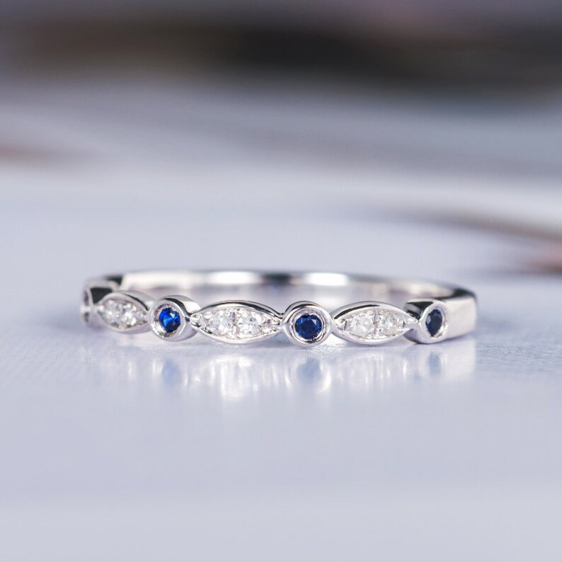 Sapphire Wedding Band White Gold Diamond Half Eternity Band Etsy