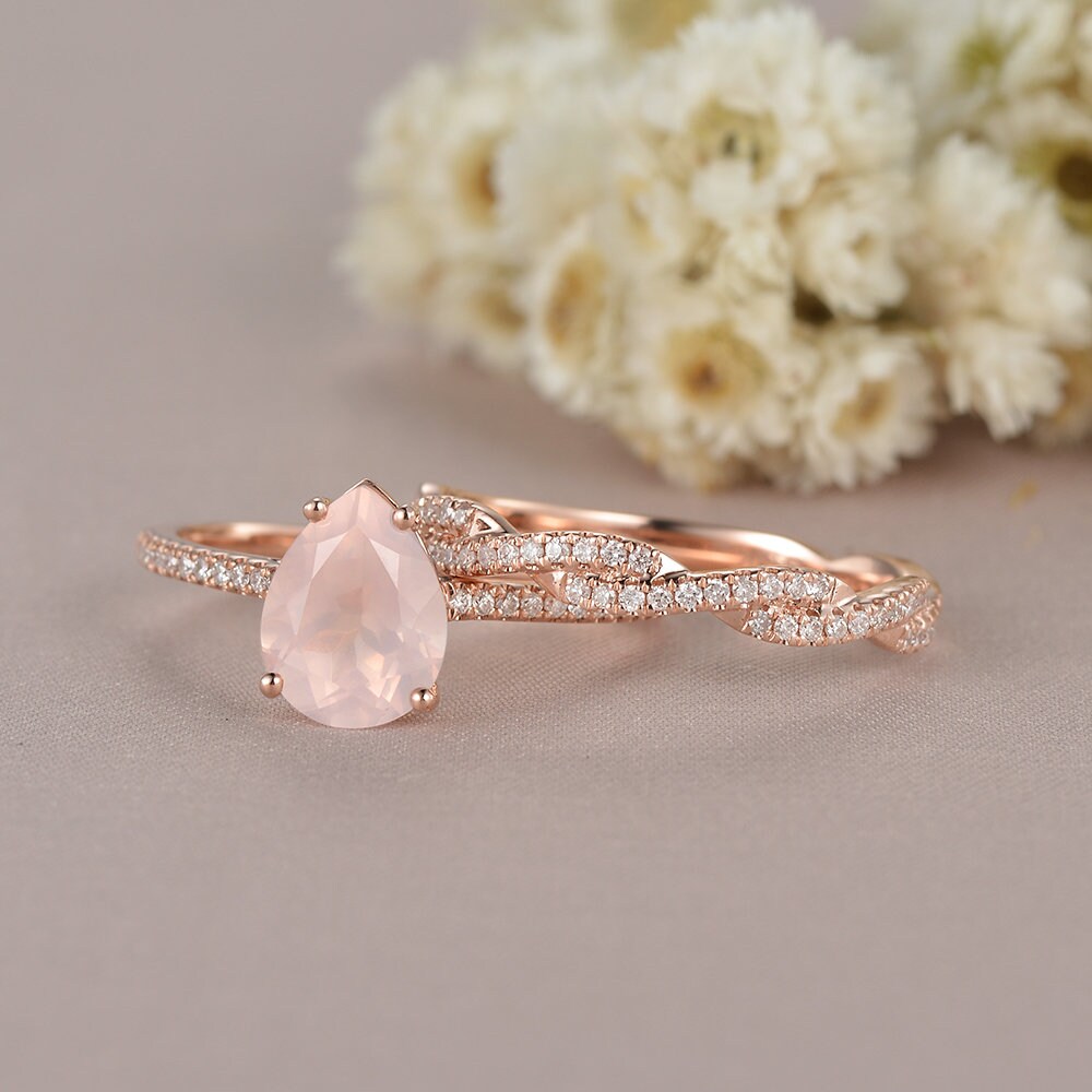 Pear Shaped Rose Quartz Crystal Engagement Ring Rose Gold | Etsy