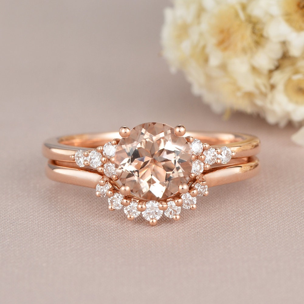 Morganite Engagement Ring Rose Gold Bridal Set Half Halo | Etsy