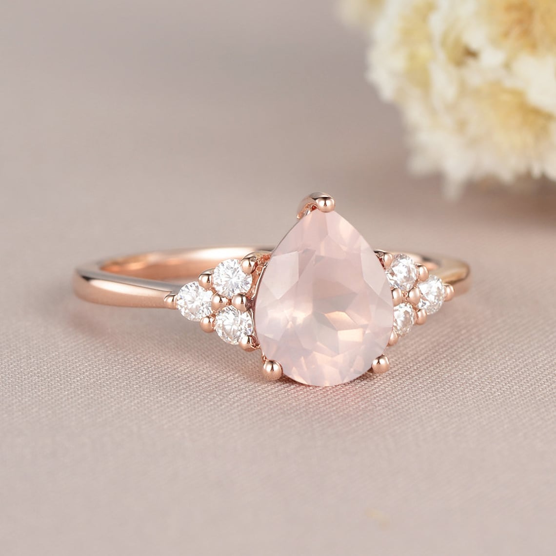 Pear Shaped Rose Quartz Engagement Ring Rose Gold Ring Cluster Etsy